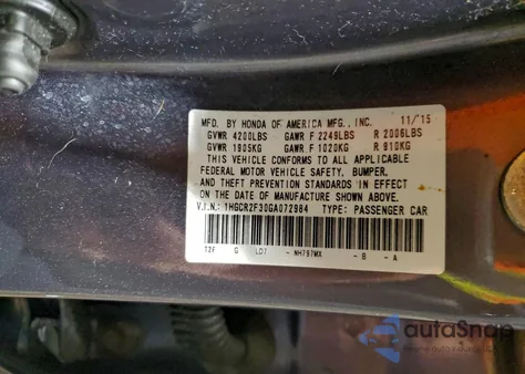 2016 Honda Accord Lx z USA, uszkodzony, nr VIN 1HGCR2F30GA072984